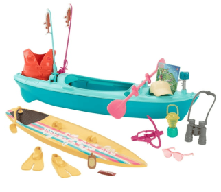 Barbie World Kayak & Surf Playset with 17 Camping Accessories Including Kayak Boat, Surfboard & More, Multicolor, 12.17 in