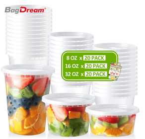 BagDream 60 Combo Pack 8, 16, 32oz Food Storage Containers with Airtight Lids, Plastic Deli Containers Freezer Storage Containers