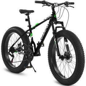 S26109 26 Inch Fat Tire Bike Adult-Youth Full Shimano 21 Speed Mountain Bike, Dual Disc Brake, High-Carbon Steel Frame, Front Suspension, Mountai (Option: BLACK GREEN)