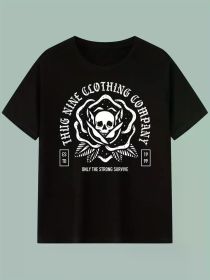 Skull And Roses, Strength And Survival T-Shirt Creative Printing, High-Quality Cotton Round Neck Short-Sleeved T-Shirt (Color: Black, size: L)
