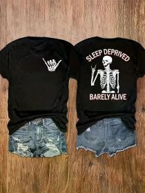 Women'S Personalized T-Shirt with "Sleep Shortage Survival", Front Gesture And Back Skull, Quirky Personality, (Color: Black, size: XXL)
